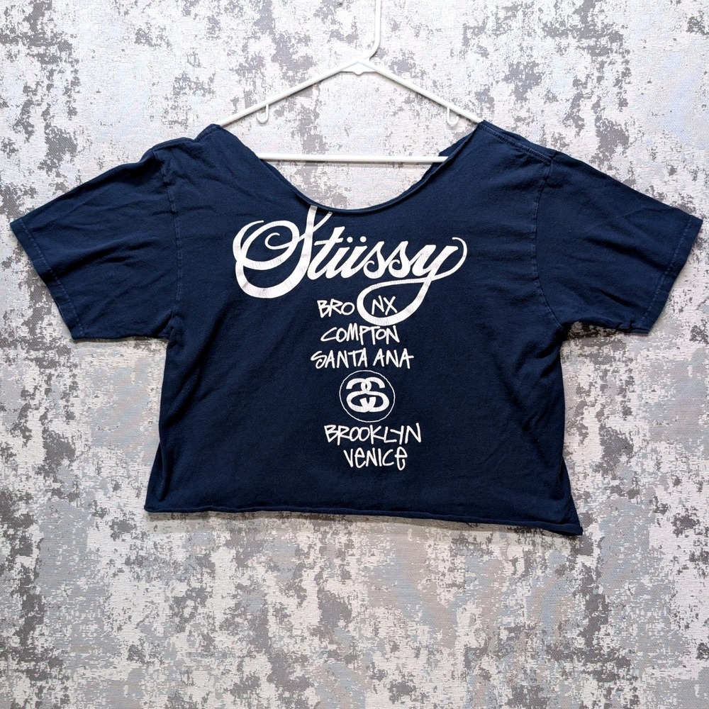 Stussy World Tour Cropped T Shirt Navy Blue Graphic Print Women Chest‎ 44"